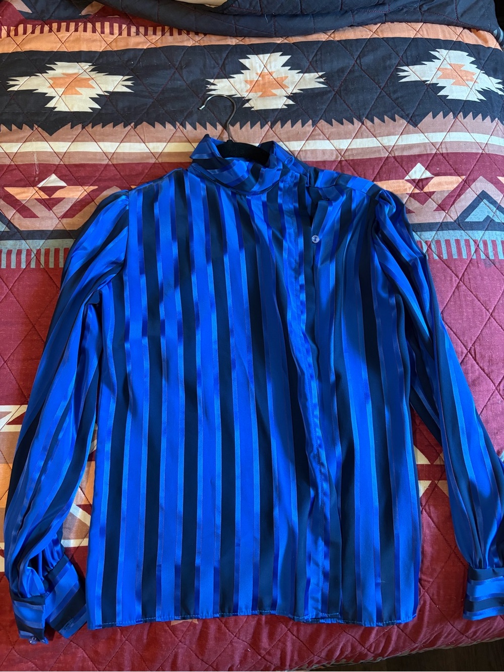 Women's Silk Blue Striped High-Neck Blouse